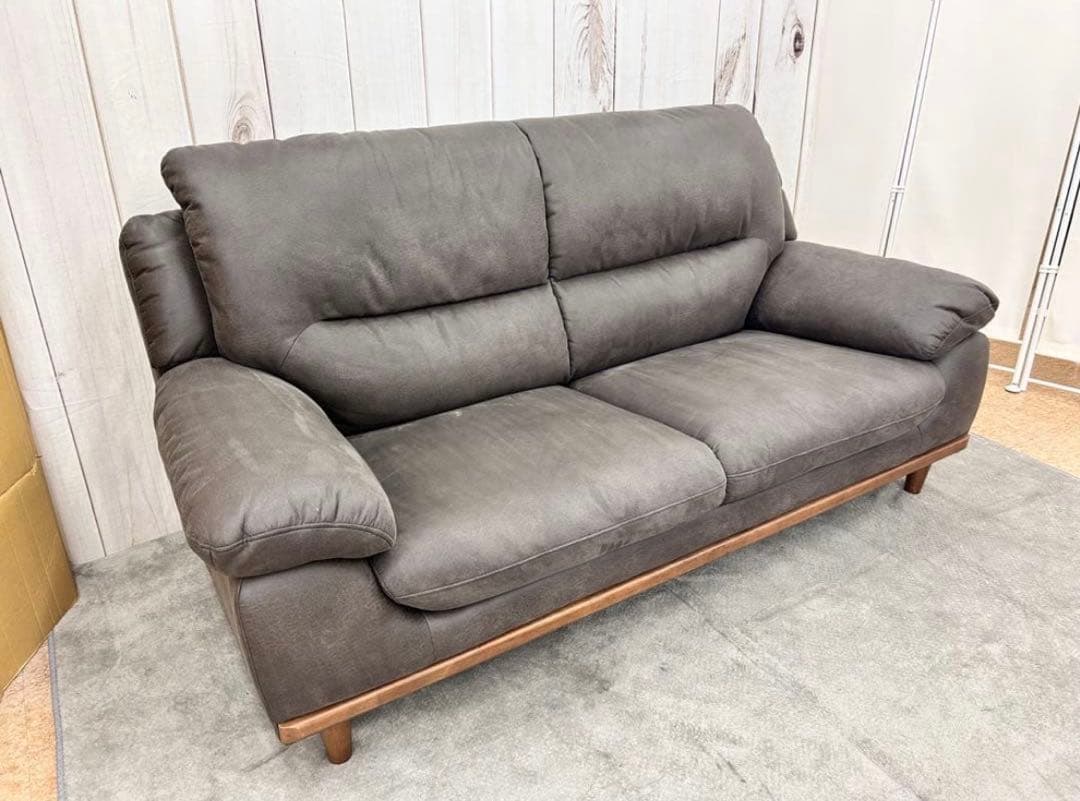 3人掛けソファー　ファブリックレザー調　ダークグレー