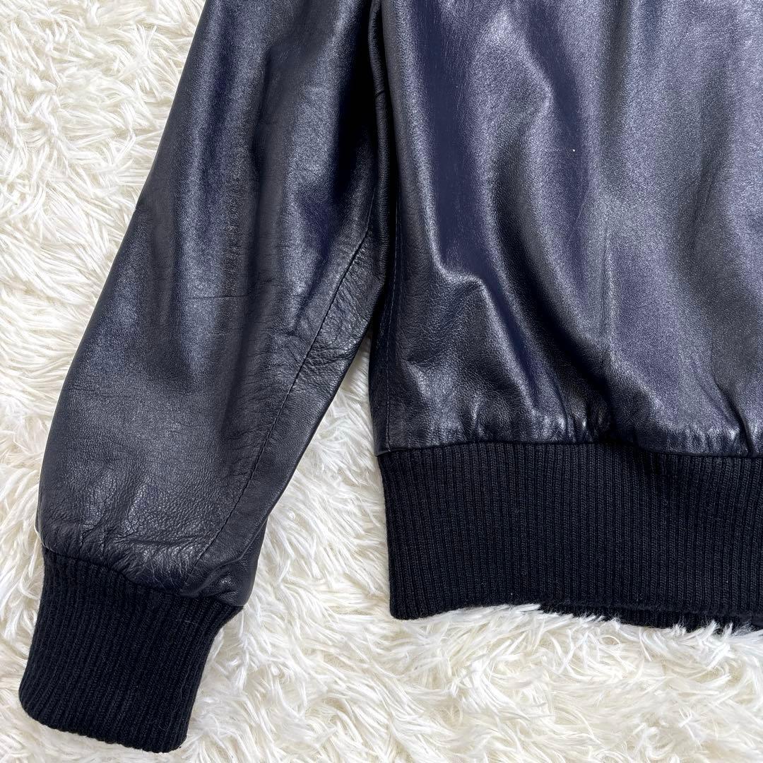 ✨希少・ラムレザー✨ショット　トラックジャケット　トラッカー　ロゴ刺繍　濃紺　M