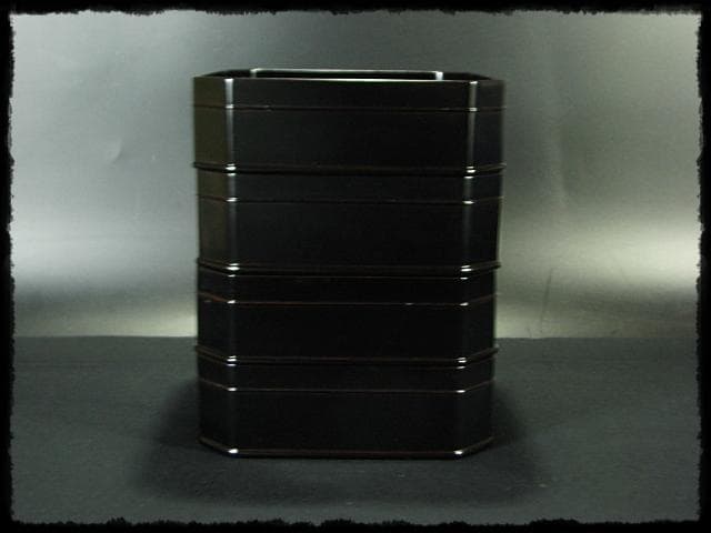 京塗名工 岡田 表寛 利休形 縁高 黒真塗 五重 菓子器 茶道具 共箱 g1