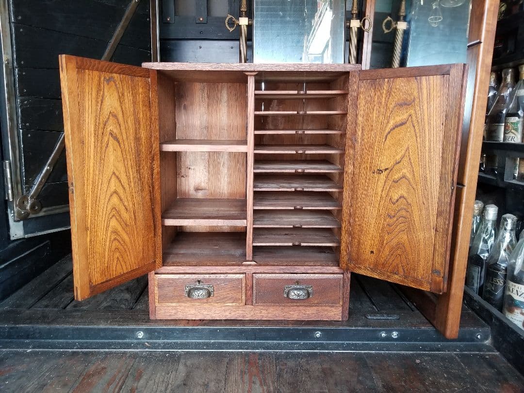 希少　大正　モダン　欅　無垢　アンティーク　レター　ラック　書類　小物入れ　鍵付