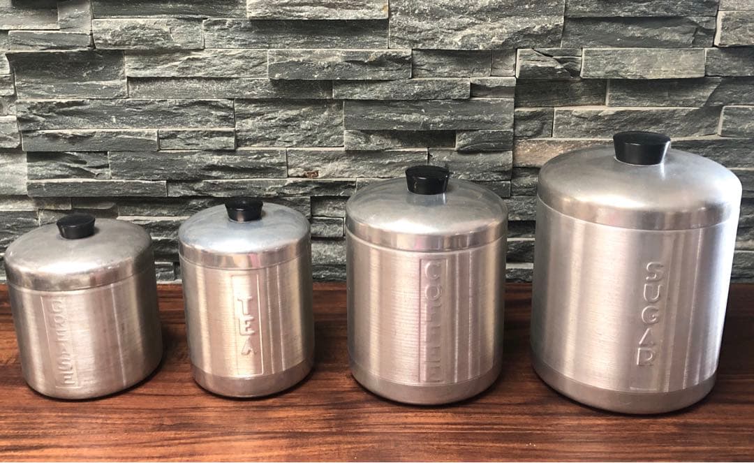 アメリカンヴィンテージ★無骨なアルミ製キャニスター4個セット★男前キッチンに最適