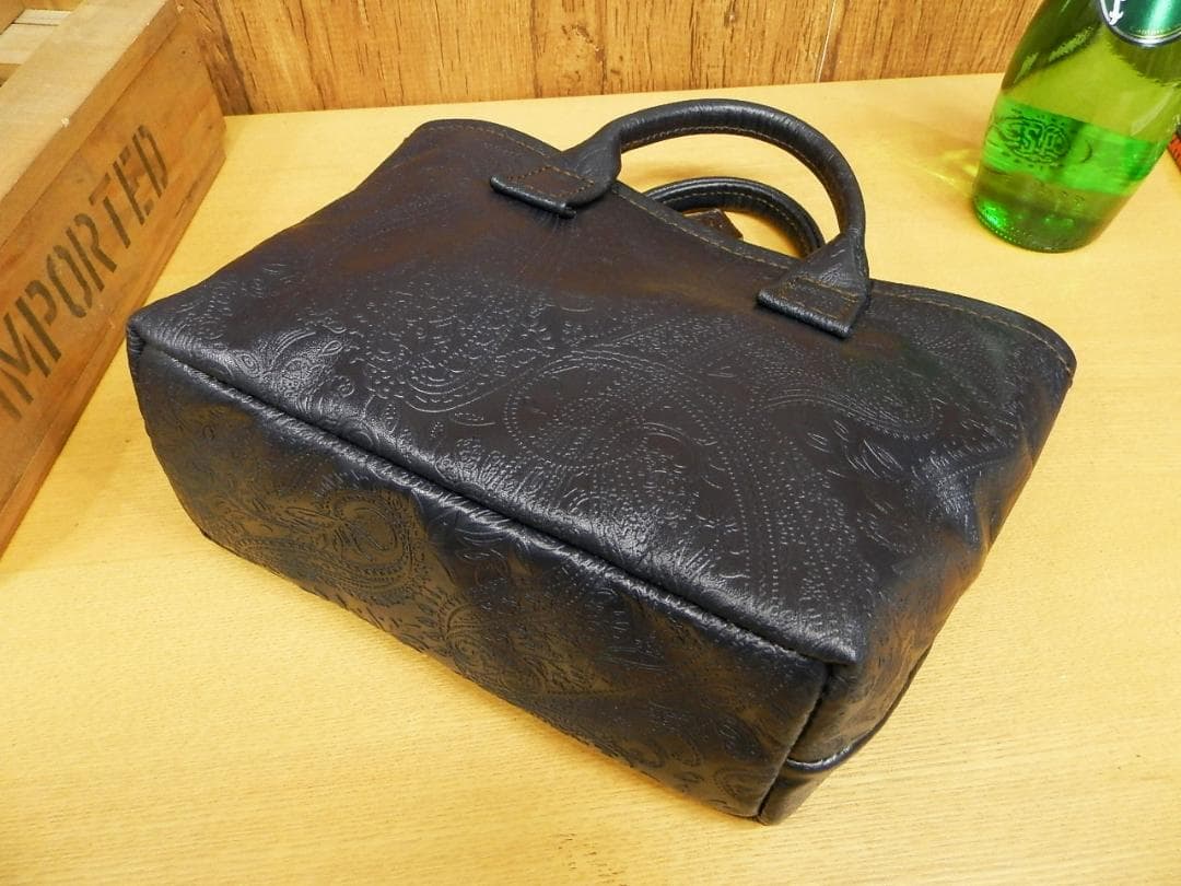 ☆XSサイズ☆濃紺ダークネイビーペイズリー柄レザーのミニトートバッグ!日本製