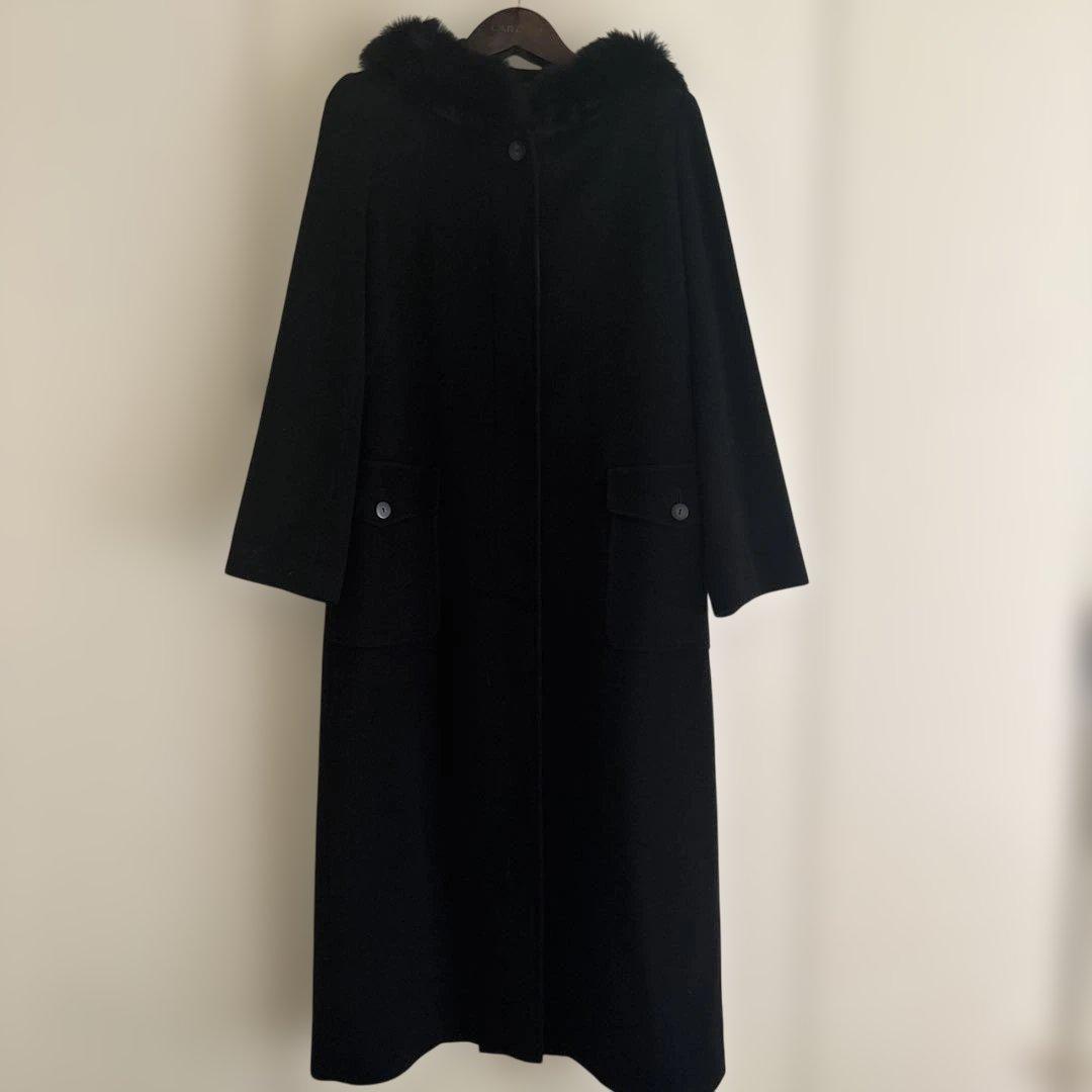 カシミヤ100%★フード付き ブラックロングコート★★