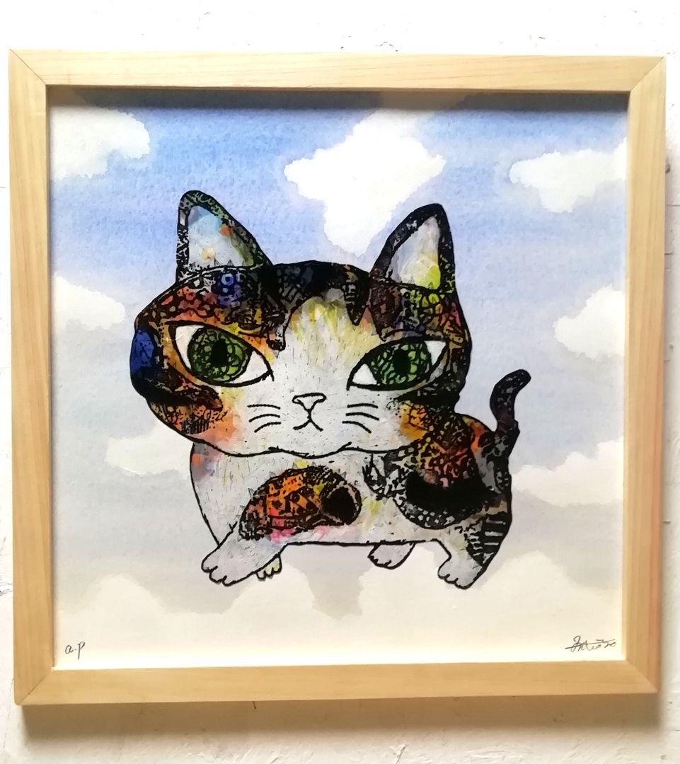 額付き銅版画応用絵画　title「お通り猫　in sky」