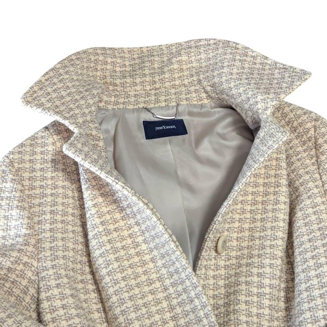 大きいサイズ★美品 ニューヨーカー ツイードベルテッドロングコート ウール