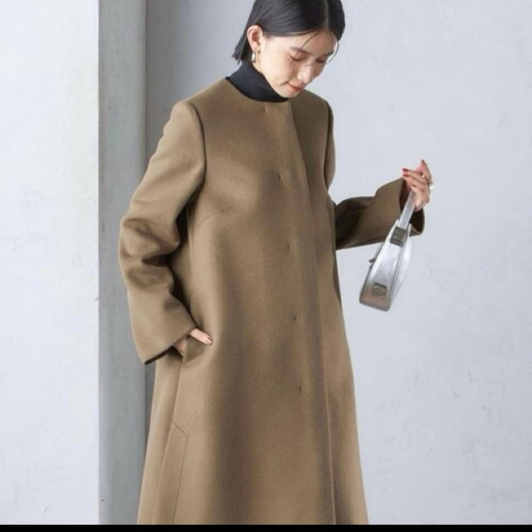 最終✨シップス24AW シャルム ビーバー ノーカラー ロング コート　ブラウン