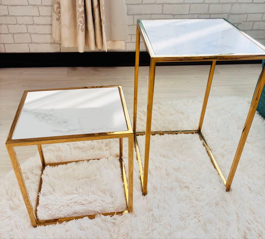 フランフラン　レーヌ ネストテーブル 2 マーブル×ゴールド