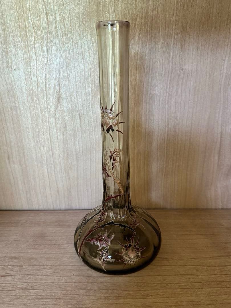本物保証 エミール•ガレ エナメルガラス花瓶 約1890年 骨董 稀少品 共箱