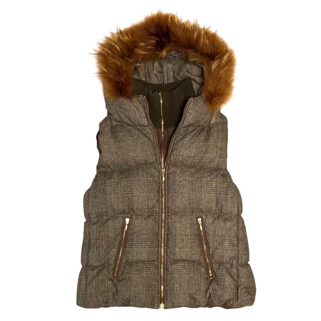 【美品】TATRAS ダウンベスト ラクーンファー ウール混チェック S