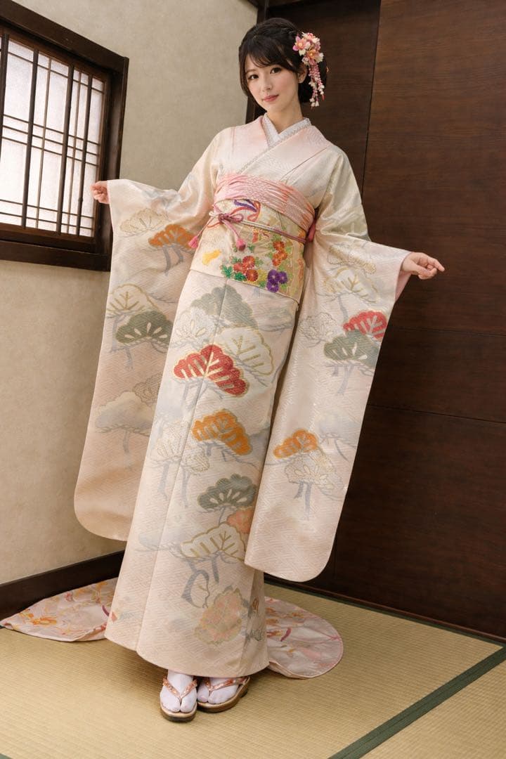 振袖フルセット6点サイズM〜Ｌ笠松文　金銀彩　正絹