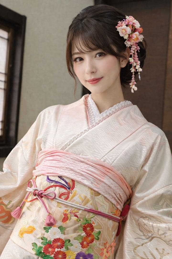 振袖フルセット6点サイズM〜Ｌ笠松文　金銀彩　正絹