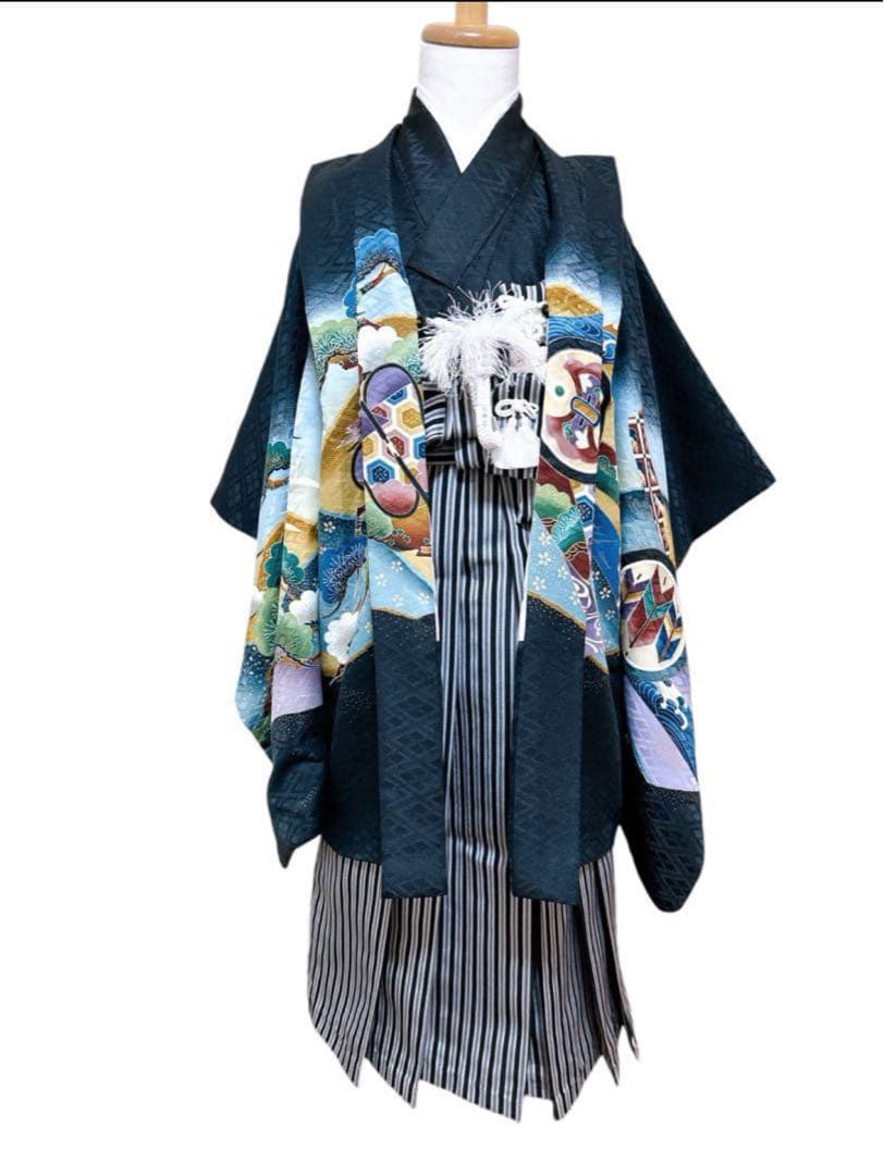 正統派黒縦縞袴◆七五三　5歳　男の子　セット　一式　鷹　黒系