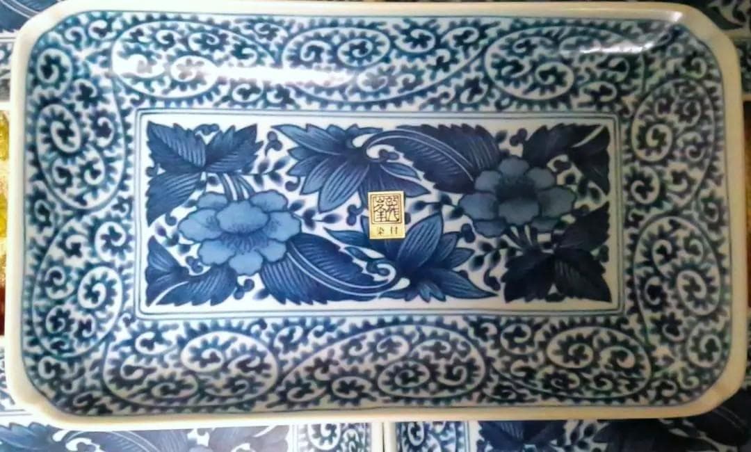 新品箱入5点 龍峰窯 牡丹柄 染付古伊万里焼物皿 長皿