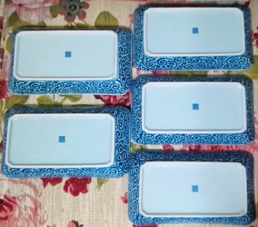 新品箱入5点 龍峰窯 牡丹柄 染付古伊万里焼物皿 長皿