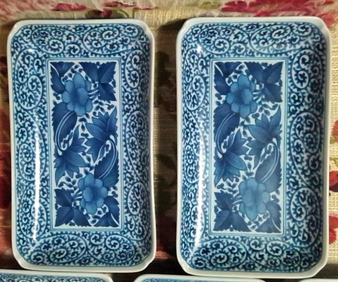 新品箱入5点 龍峰窯 牡丹柄 染付古伊万里焼物皿 長皿