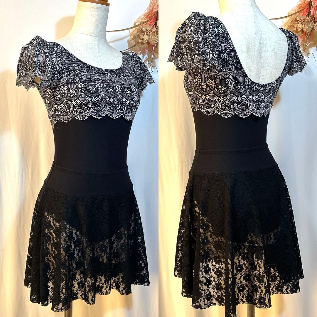 バレエ レオタード大人M＊黒ブラック＊レース柄フレア袖＊スカートセット