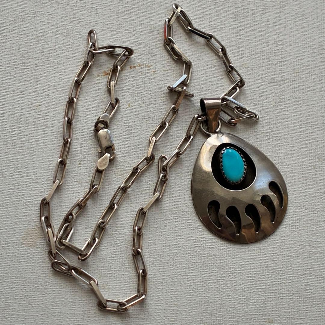 インディアンジュエリー　ナバホ族　シルバーネックレス　ターコイズ　ベアバウ