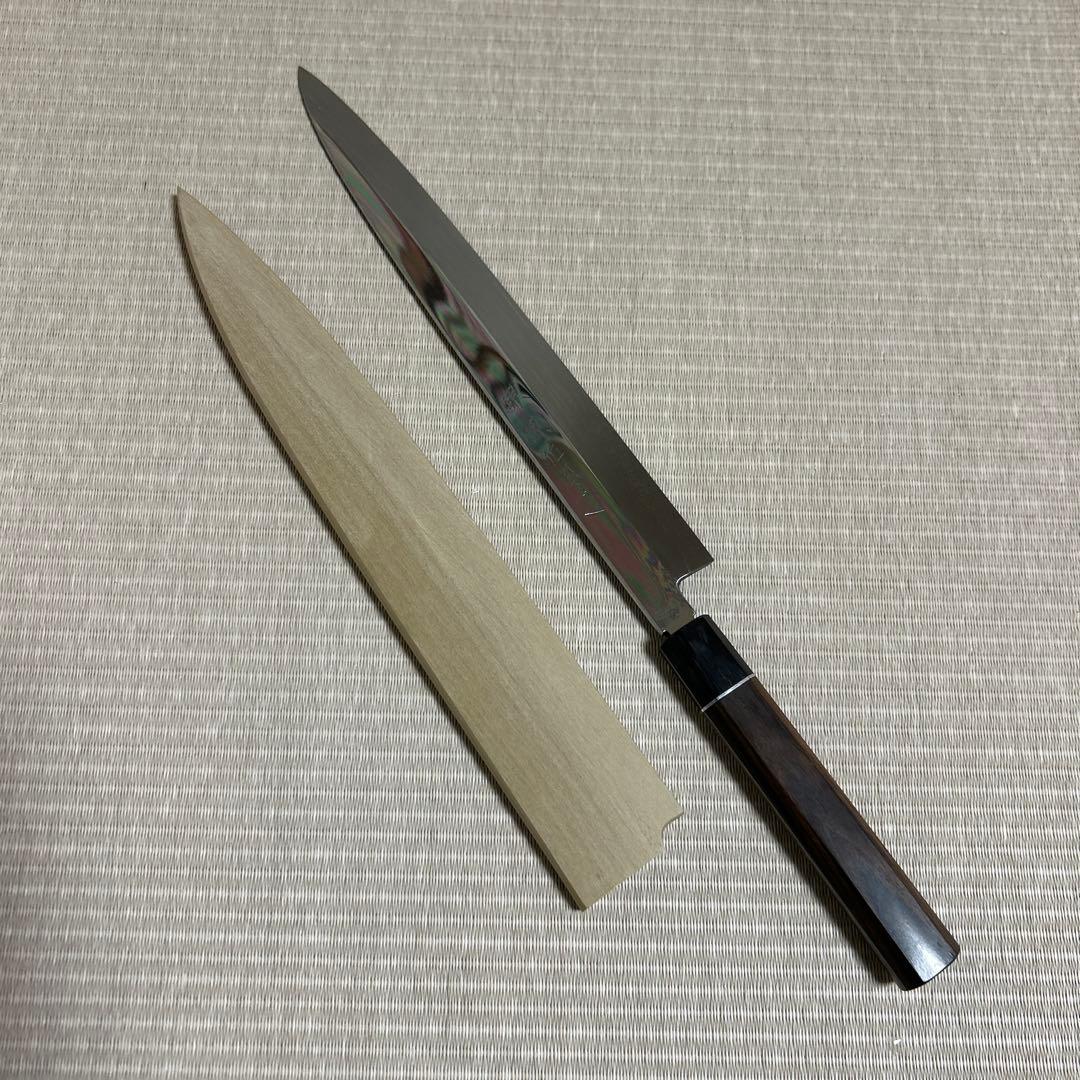 本焼　柳刃　包丁　和包丁　伯鳳研ぎ　水本焼　鏡面仕上げ　黒檀黒水牛銀巻八角柄