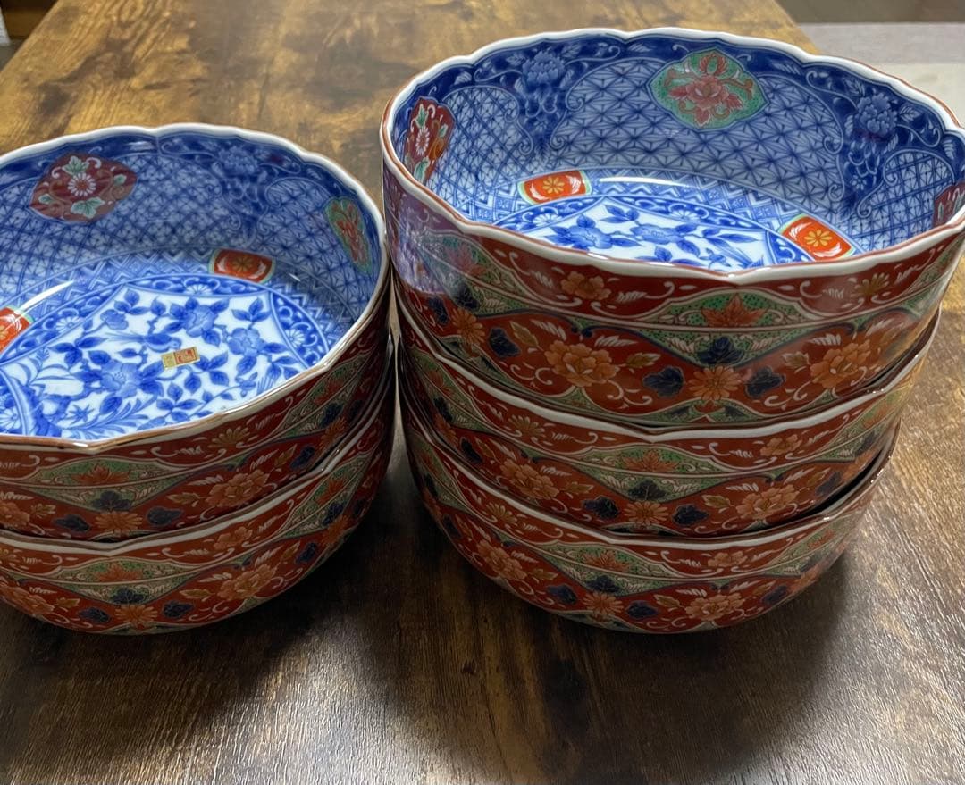 前畑陶器　庫山窯　染錦花鳥　中鉢　盛鉢　間取花紋　古伊万里　19cm 5個セット