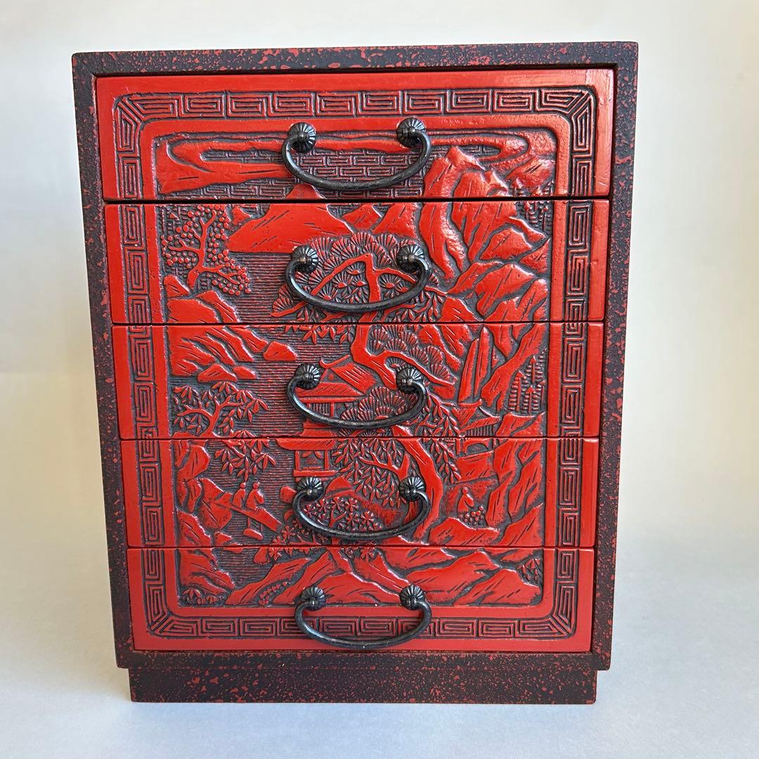 【希少】 堆朱　漆器　手彫り　引き出し 小箪笥 木製 松 伝統工芸 和箪笥 5段