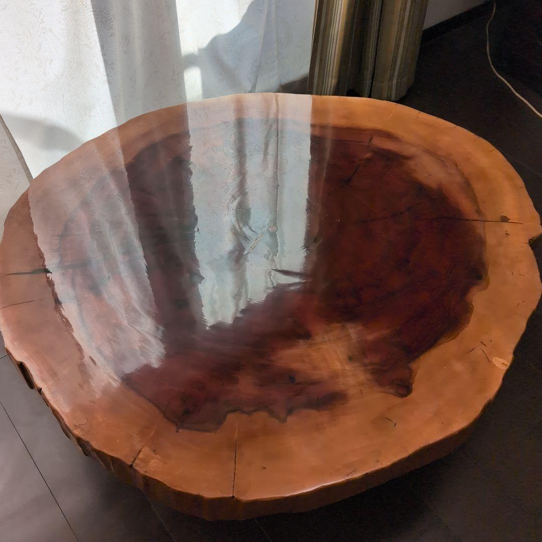 【高級】一枚板輪切り座卓　大株丸太1本木　年輪　天然木 光沢仕上げ