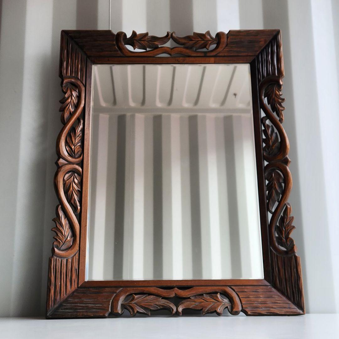 アンティーク　木彫り　ウォールミラー　天然木　壁鏡　彫刻　木枠　ヴィンテージ