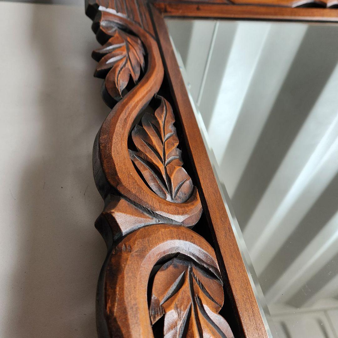 アンティーク　木彫り　ウォールミラー　天然木　壁鏡　彫刻　木枠　ヴィンテージ