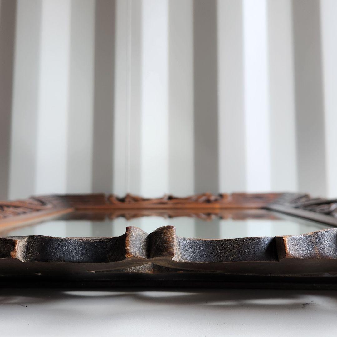 アンティーク　木彫り　ウォールミラー　天然木　壁鏡　彫刻　木枠　ヴィンテージ