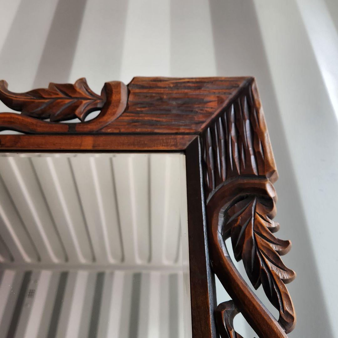 アンティーク　木彫り　ウォールミラー　天然木　壁鏡　彫刻　木枠　ヴィンテージ