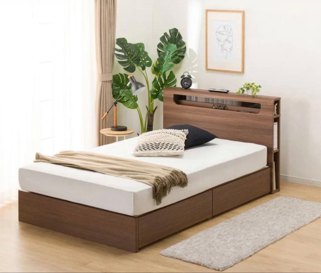 8/22に廃棄予定【美品】収納付きダブルベッド　ダークブラウンコンセント・棚付