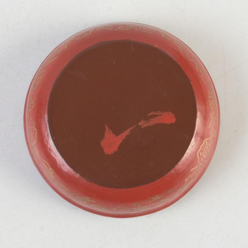 茶道具　朱塗　貝蒔絵　香合　仕覆付　朱書花押あり　V　9854