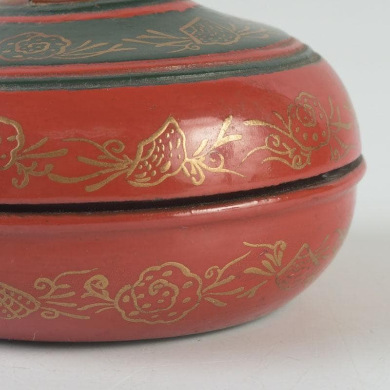 茶道具　朱塗　貝蒔絵　香合　仕覆付　朱書花押あり　V　9854