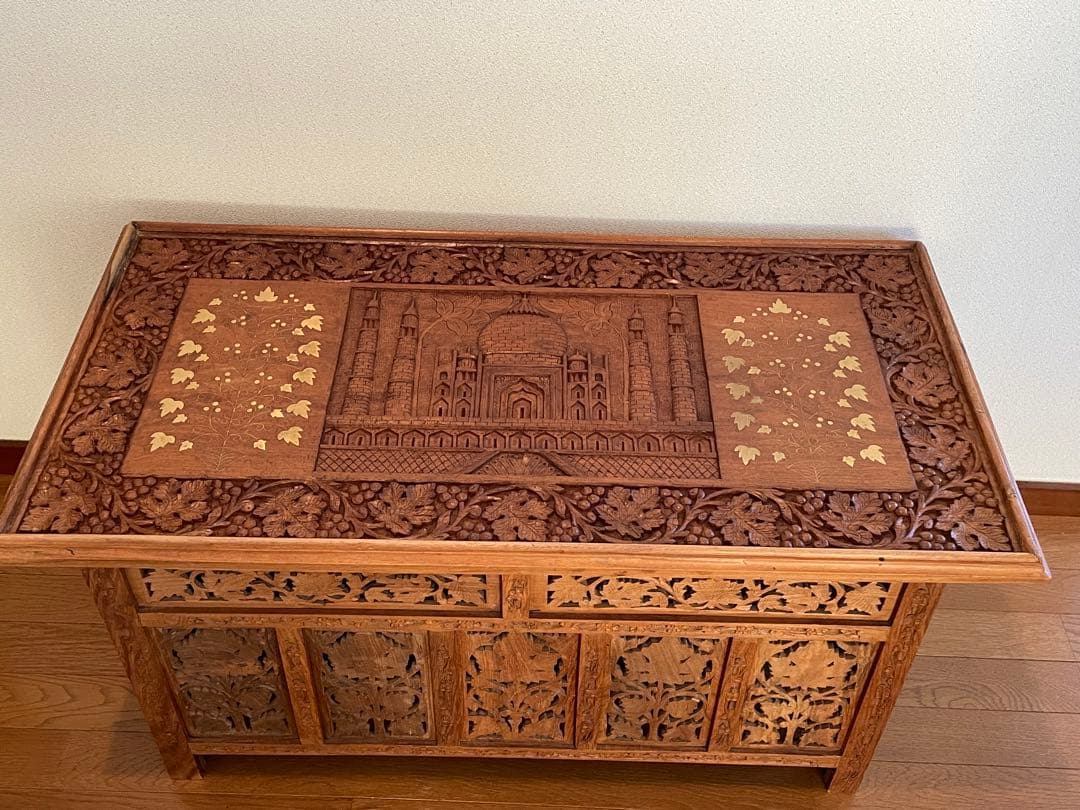 アジアン家具 インド製 サイドテーブル 木彫り 折り畳み式 アンティーク