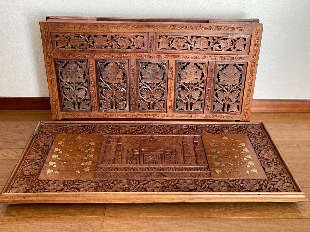 アジアン家具 インド製 サイドテーブル 木彫り 折り畳み式 アンティーク