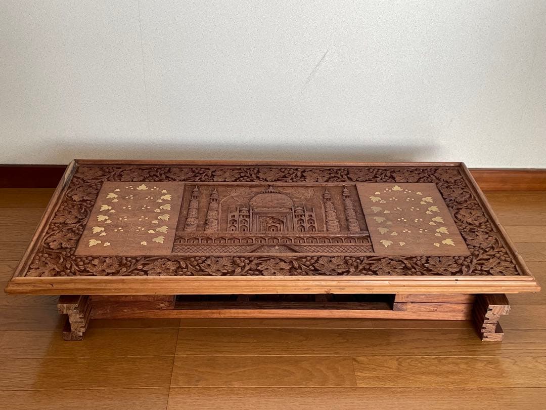 アジアン家具 インド製 サイドテーブル 木彫り 折り畳み式 アンティーク