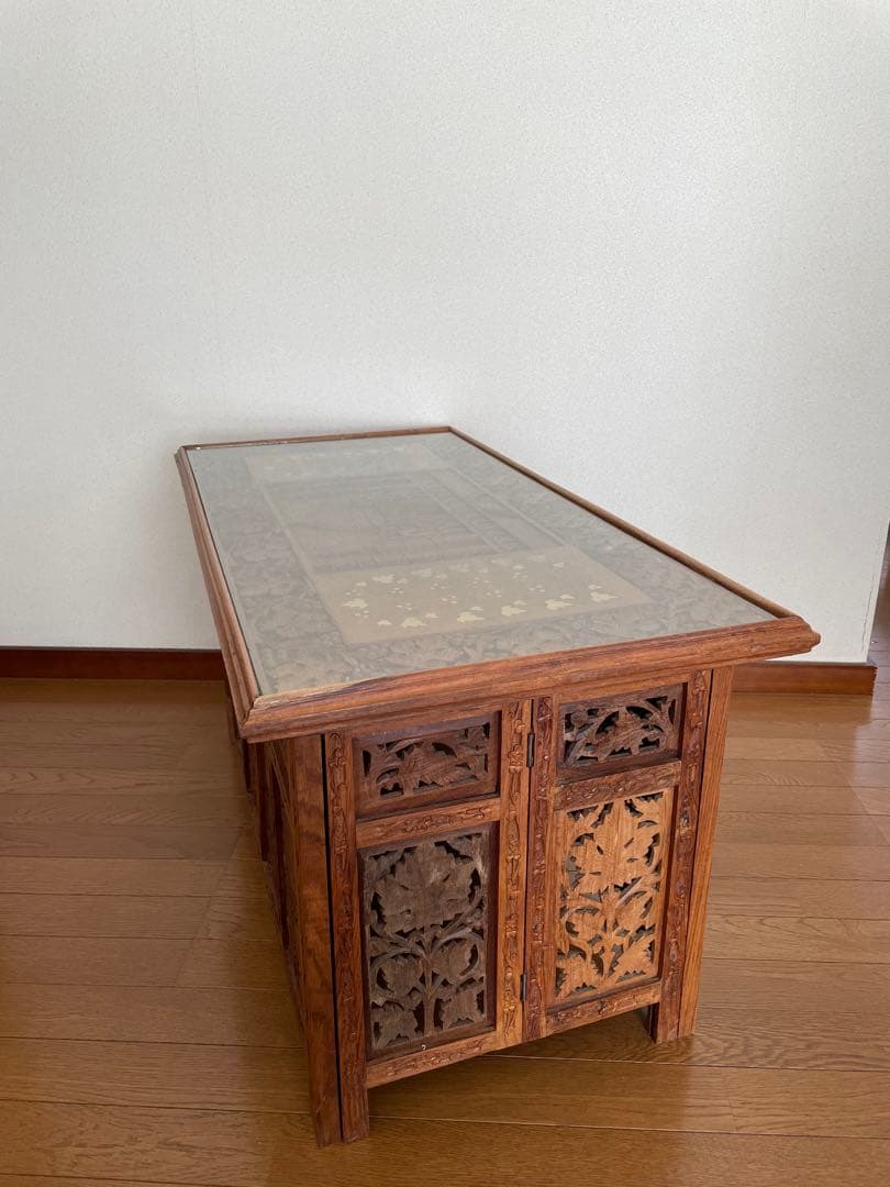 アジアン家具 インド製 サイドテーブル 木彫り 折り畳み式 アンティーク