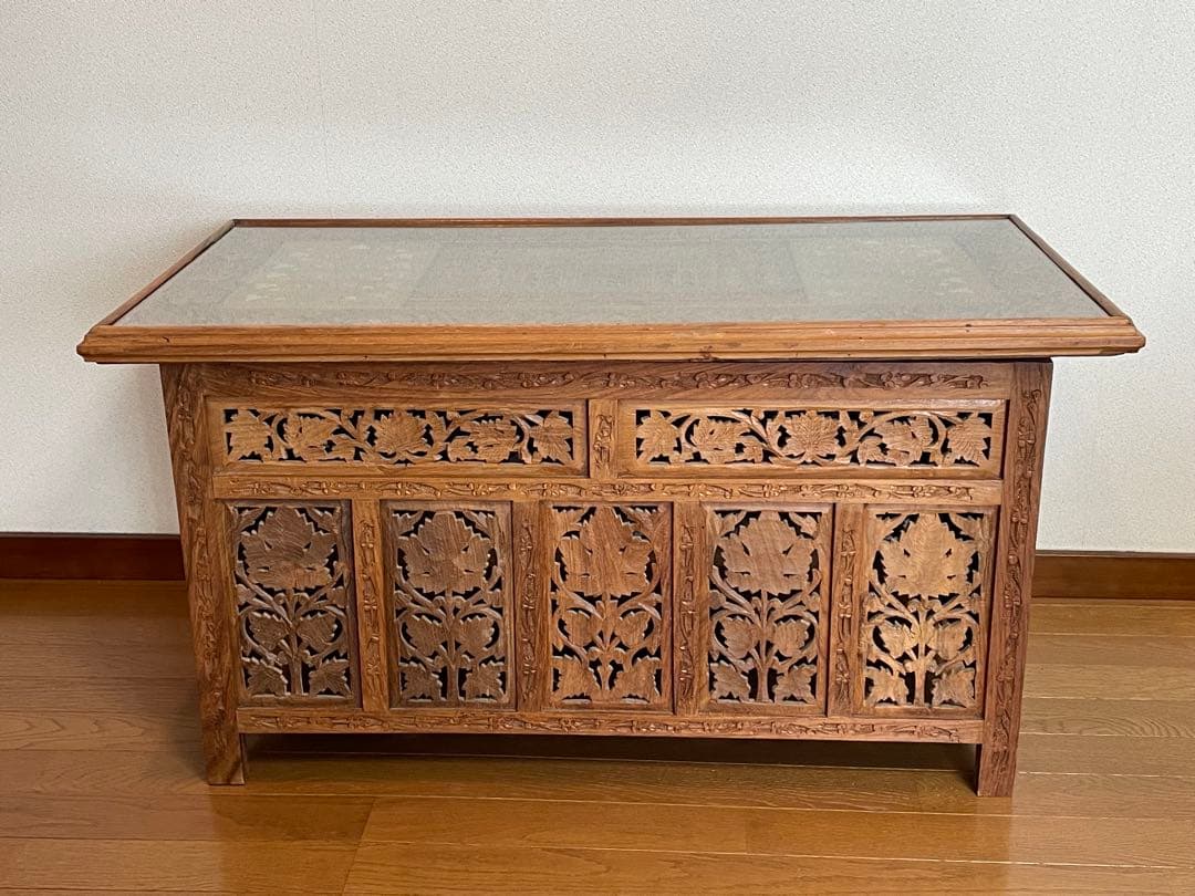 アジアン家具 インド製 サイドテーブル 木彫り 折り畳み式 アンティーク