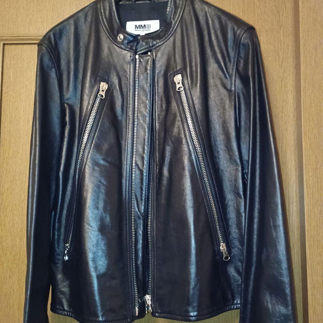 MM6 ネイビー レザー ハの字ライダースジャケット