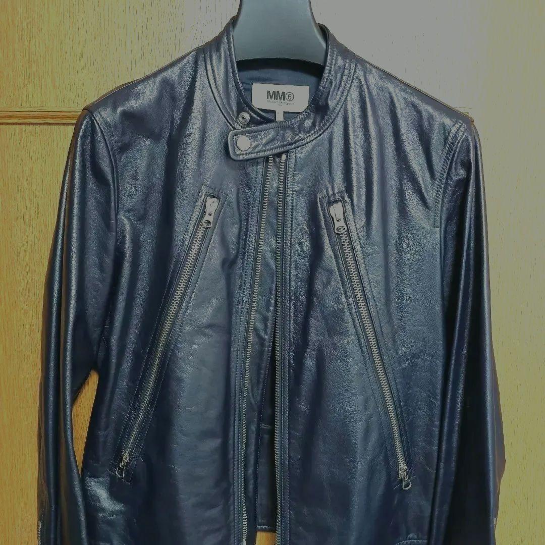 MM6 ネイビー レザー ハの字ライダースジャケット