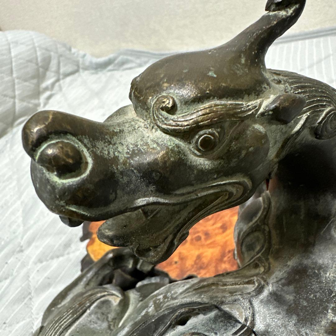 時代物　中国 日本 銅器置物　独角獣　香炉　花梨木台