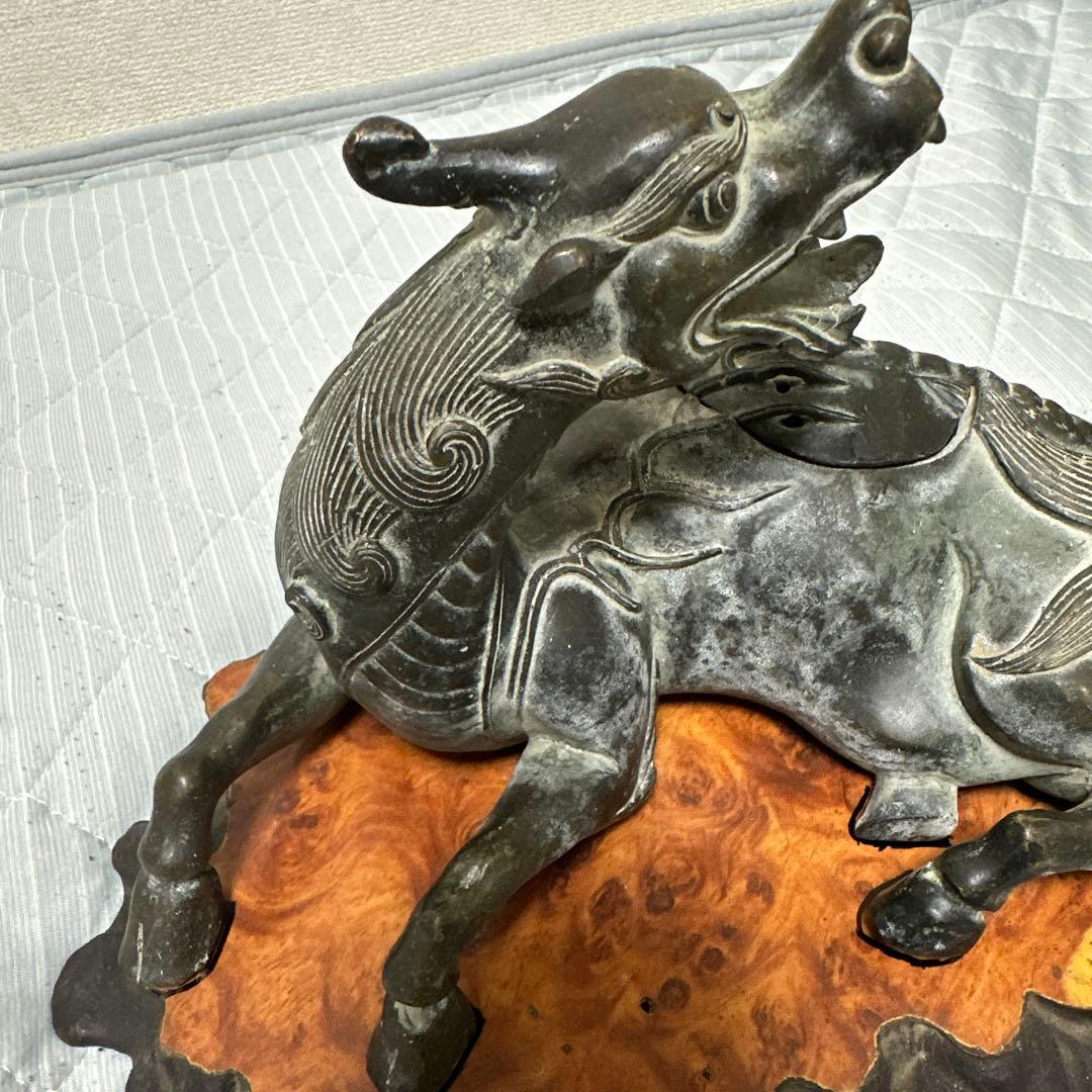 時代物　中国 日本 銅器置物　独角獣　香炉　花梨木台