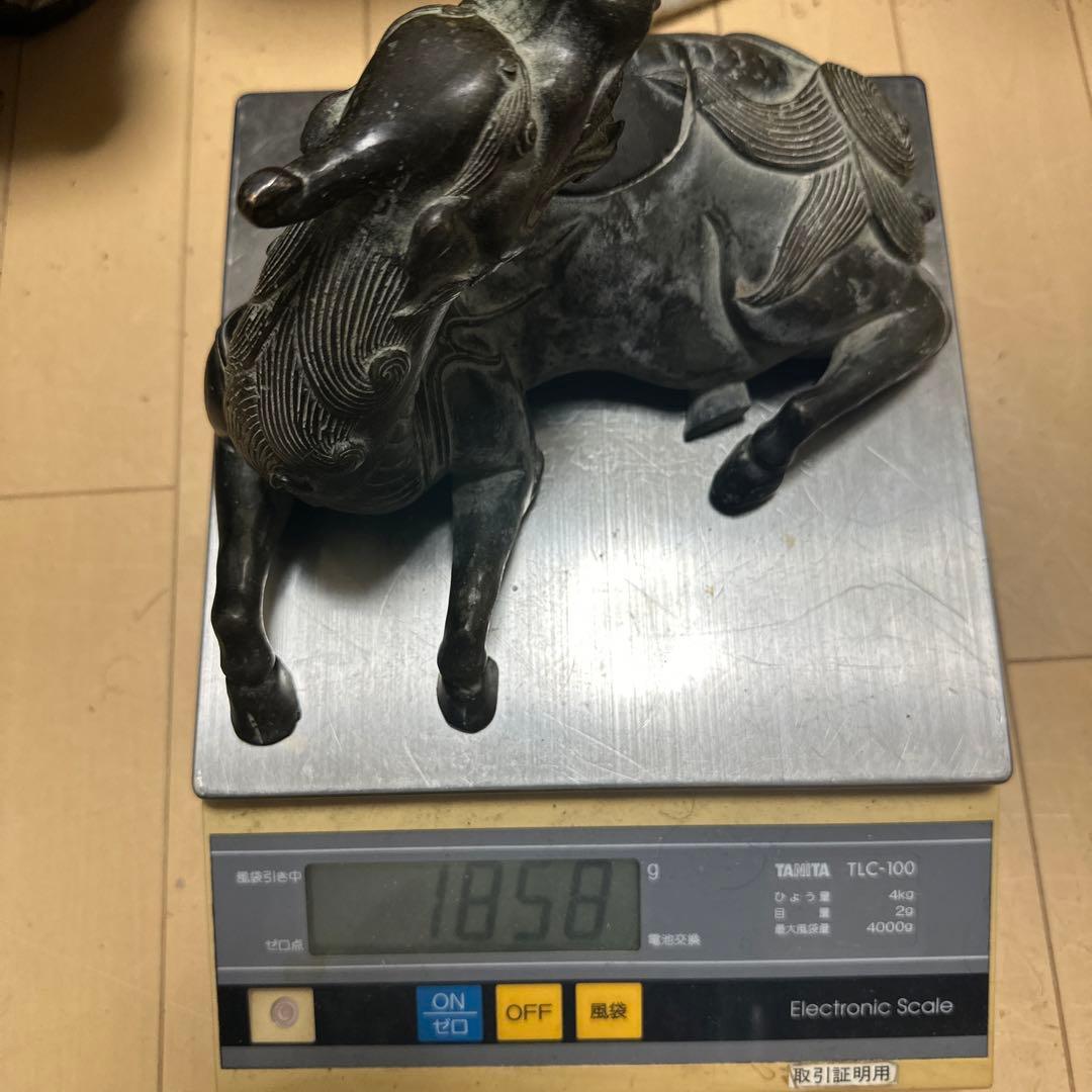 時代物　中国 日本 銅器置物　独角獣　香炉　花梨木台