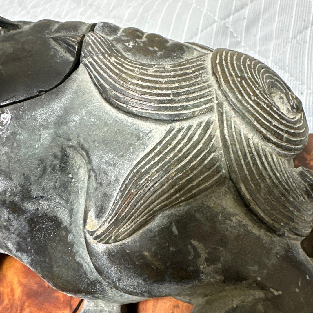 時代物　中国 日本 銅器置物　独角獣　香炉　花梨木台