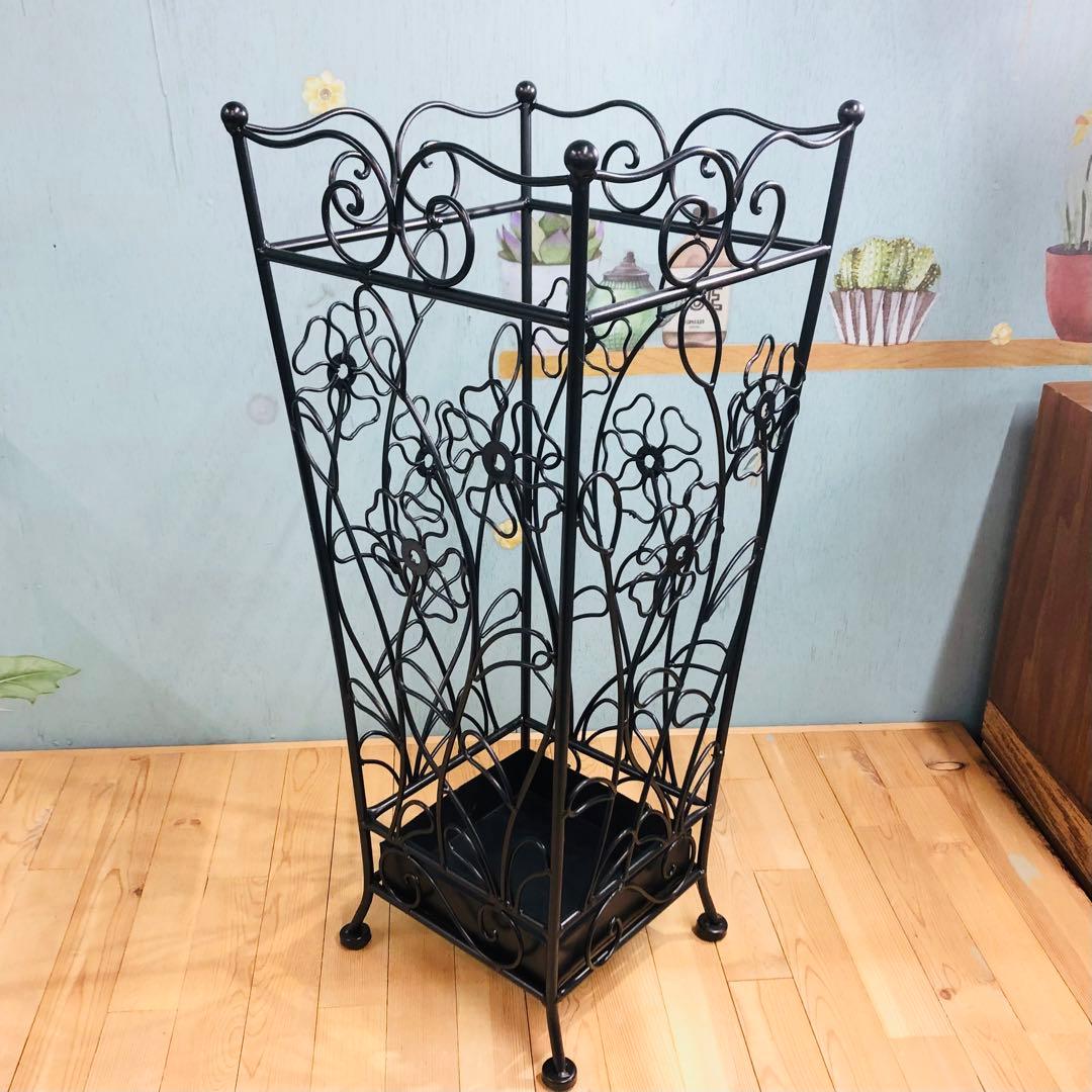 アイアン アンブレラスタンド 角型・ブラック 花柄 傘立て アンティーク