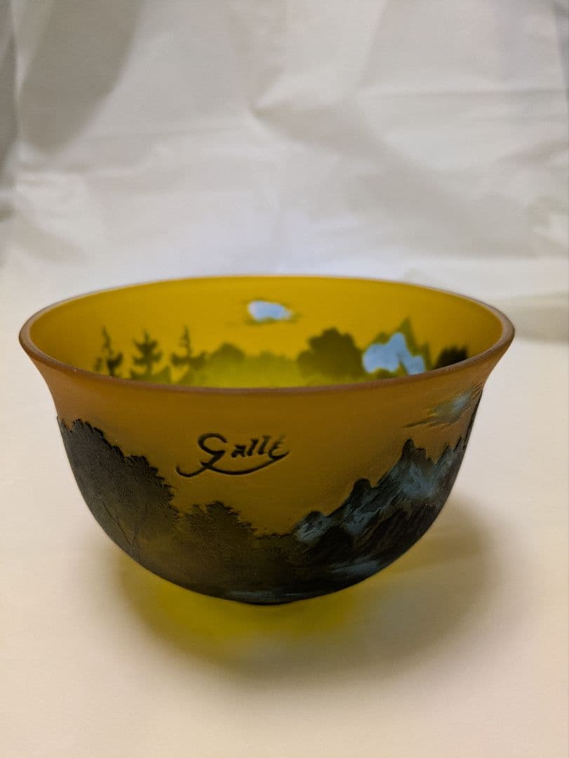 ガレgalle風景画 ガラスエッチングボウル イエロー