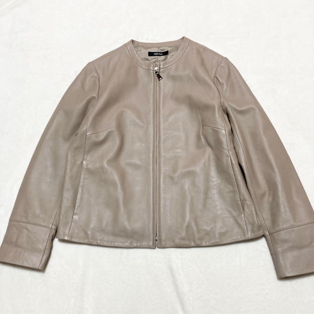 大きいサイズ 羊革 ノーカラー ジャケット スタイルノート 13号 ベージュ