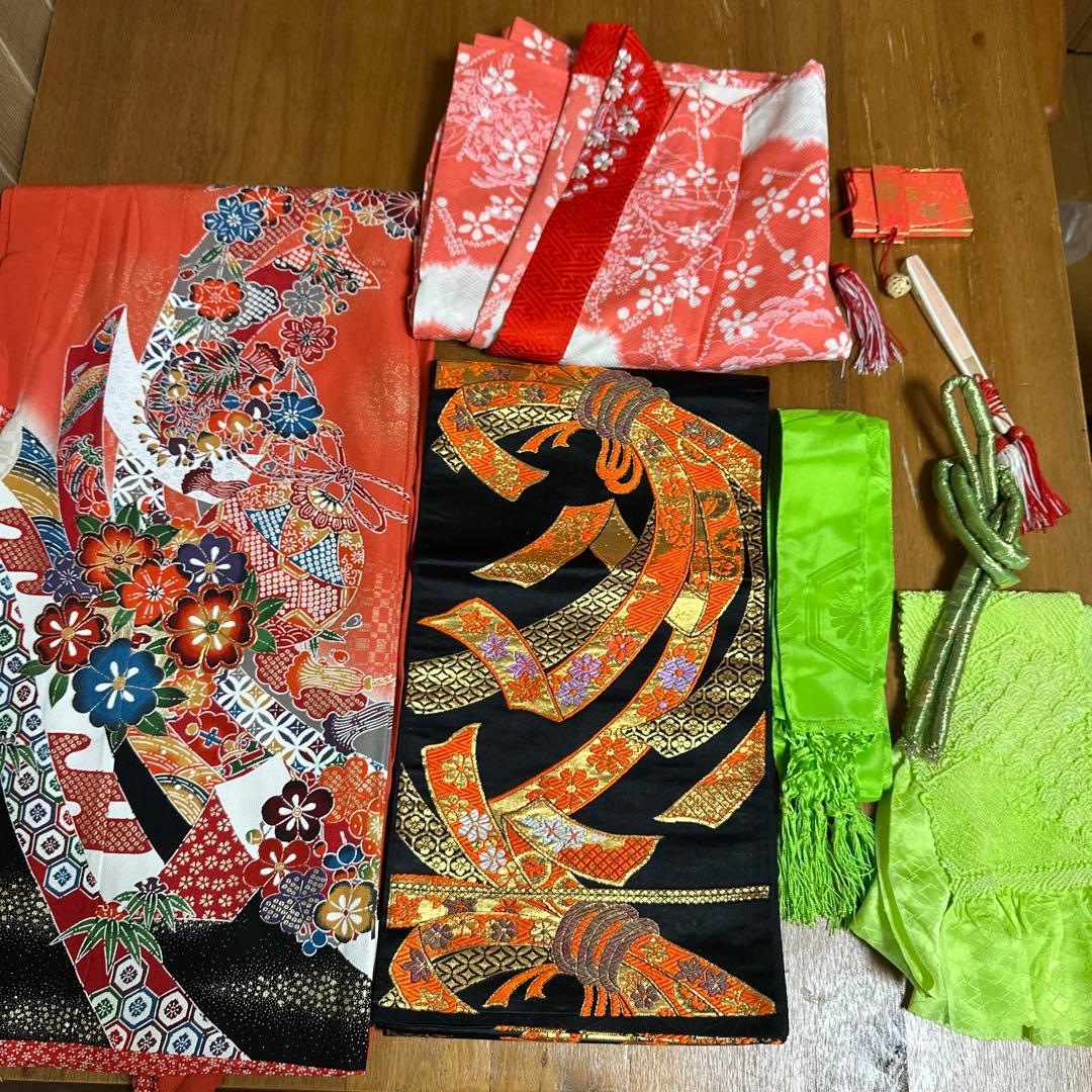 七五三　女の子　７歳　正絹着物　長襦袢　袋帯　小物セット　逸品