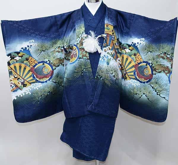 七五三 五歳 男児 羽織・着物・襦袢3点セット 金刺繍 紺地 お仕立て無料