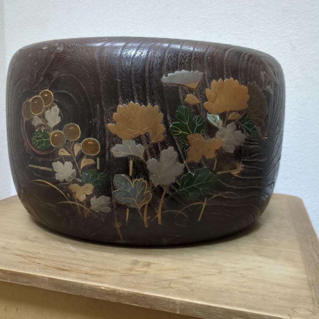 骨董　蒔絵　螺鈿　火鉢　桐　内側銅器　大型　花入　鉢カバー