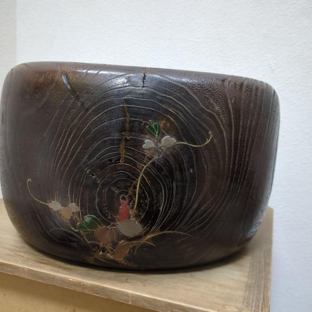 骨董　蒔絵　螺鈿　火鉢　桐　内側銅器　大型　花入　鉢カバー